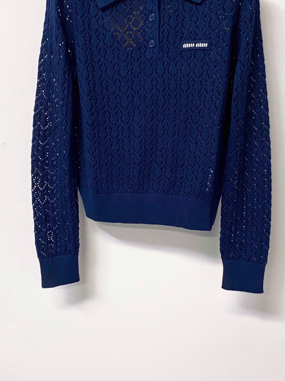 Miu Miu Navy Blue Open‑Knit Polo Collar Cropped Long Sleeve Top NWT - Picture 5 of 5